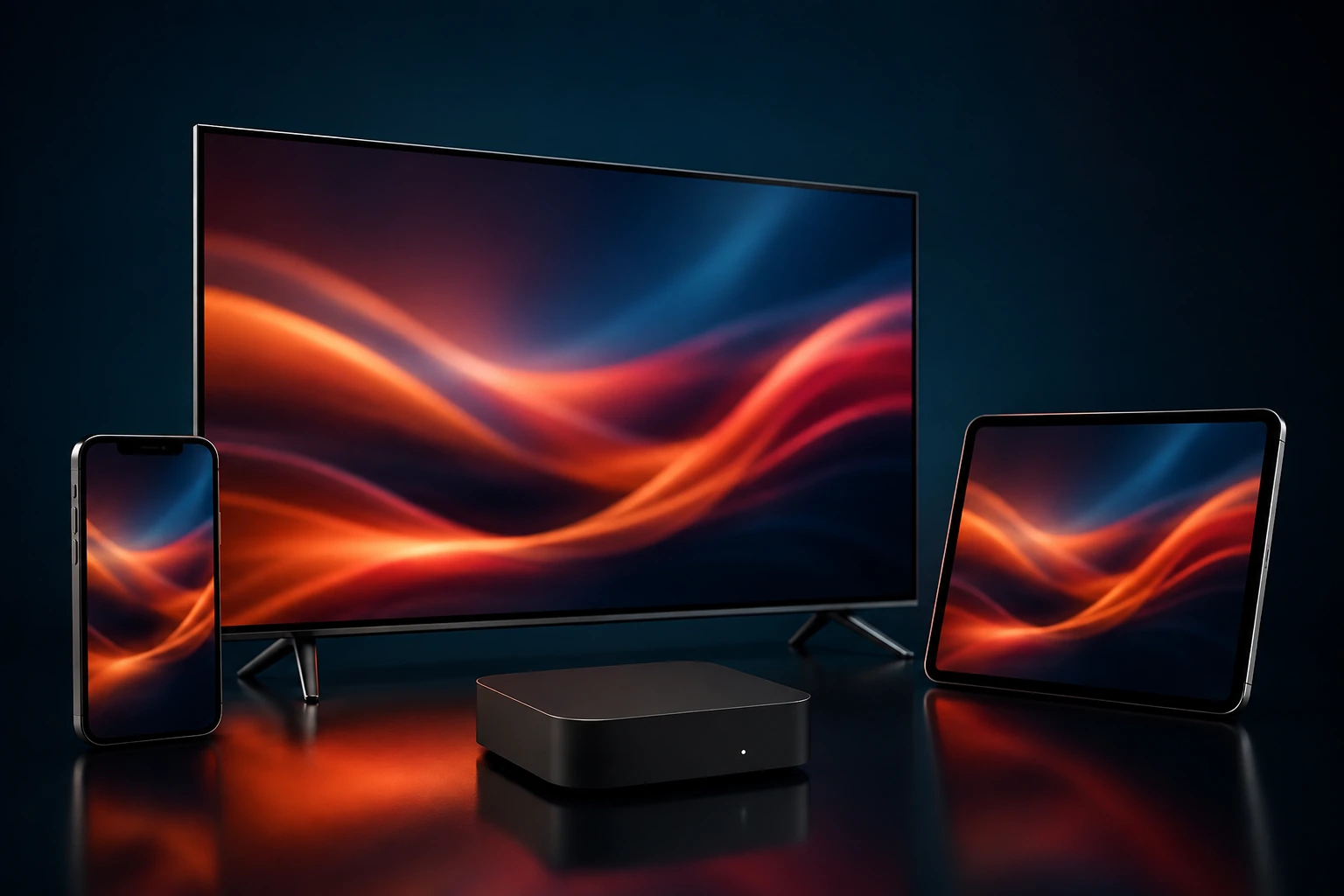 TV, celular, tablet e TV Box lado a lado com a mesma tela colorida