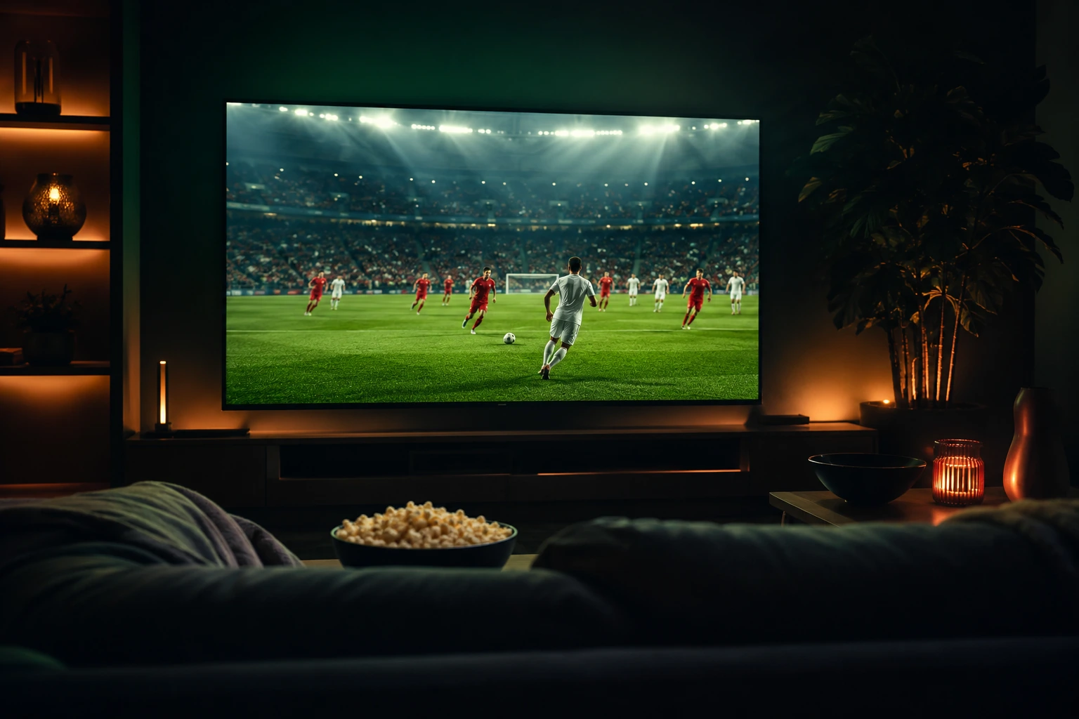 Sala escura com partida de futebol passando em uma TV grande
